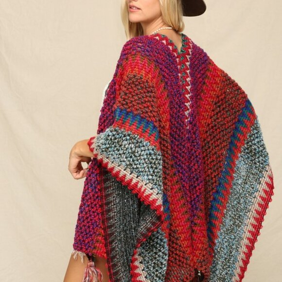 New Bohemian Knit Tasseled Poncho Cardigan Sweater Hippie Top Vintage NWT - Picture 4 of 8